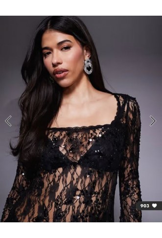 ASOS DESIGN delicate lace embellished square neck long line top in black