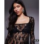 ASOS DESIGN delicate lace embellished square neck long line top in black