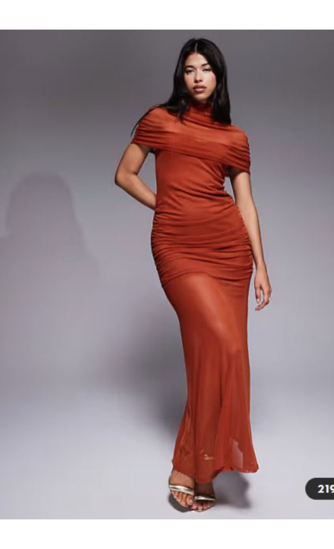 ASOS DESIGN highneck mesh overlay maxi dress with sheer skirt in rust