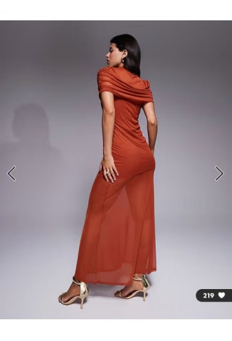 ASOS DESIGN highneck mesh overlay maxi dress with sheer skirt in rust