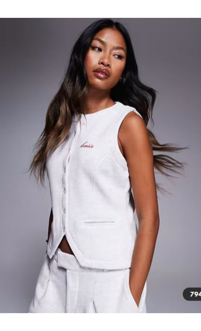 Kaiia cotton rich embroidered logo button through waistcoat co-ord in grey marl