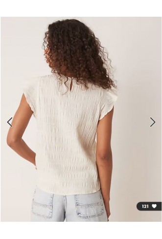 Vila crinkle shirred detail top with ruffle sleeve detail in birch cream