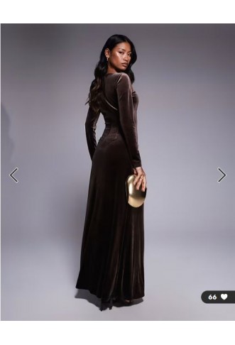 TFNC modest long sleeved maxi dress with slash neck in chocolate brown velvet