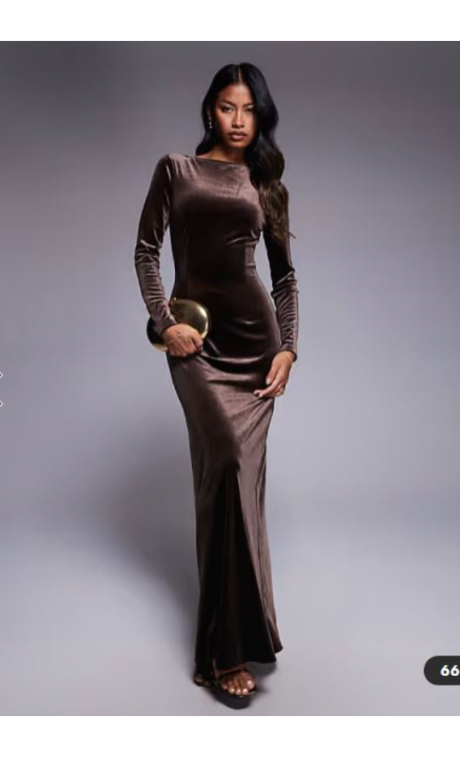 TFNC modest long sleeved maxi dress with slash neck in chocolate brown velvet