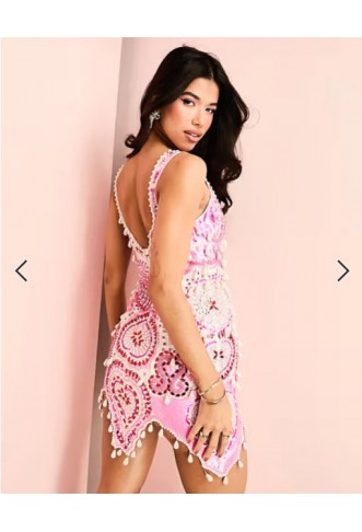 ASOS LUXE gem encrusted mini dress with pearl embellishment & scallop hem in pink