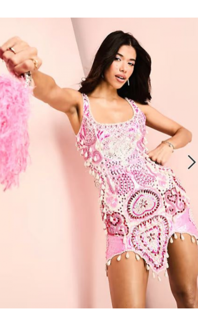 ASOS LUXE gem encrusted mini dress with pearl embellishment & scallop hem in pink