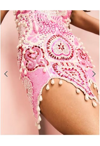 ASOS LUXE gem encrusted mini dress with pearl embellishment & scallop hem in pink