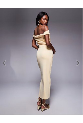 ASOS DESIGN twist bardot bodycon midi dress in light yellow