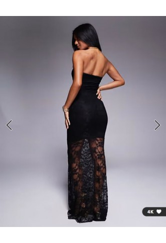 Kaiia exclusive double layered slinky lace bandeau sheer hem maxi dress in black