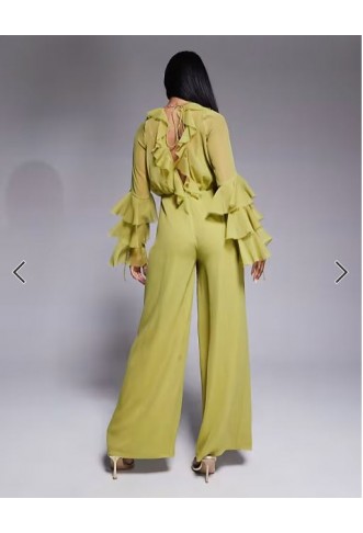 ASOS DESIGN long sleeve ruffle jumpsuit with tie detail in olive green