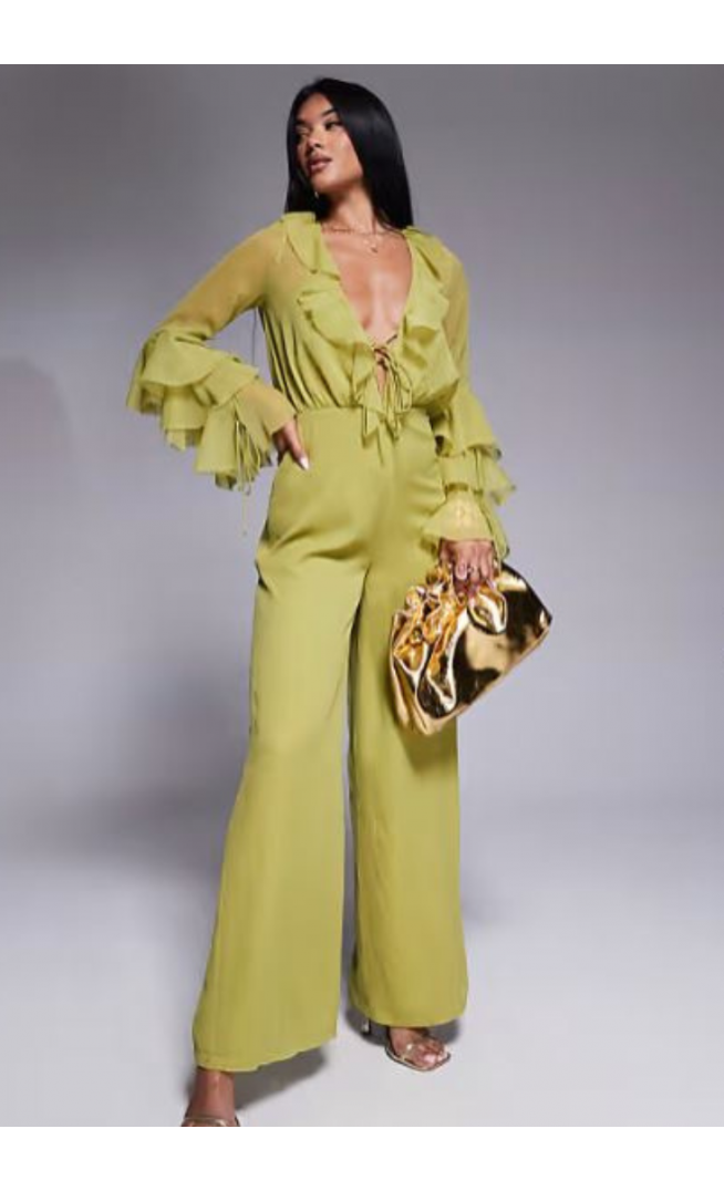ASOS DESIGN long sleeve ruffle jumpsuit with tie detail in olive green