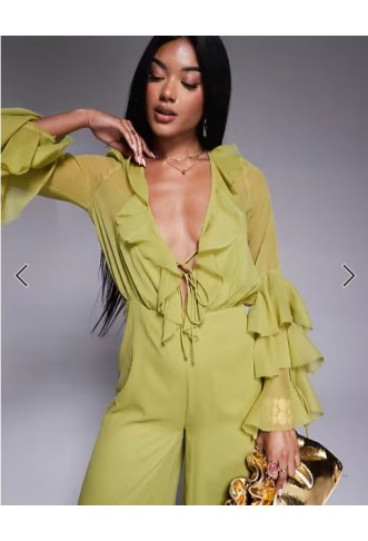 ASOS DESIGN long sleeve ruffle jumpsuit with tie detail in olive green
