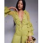 ASOS DESIGN long sleeve ruffle jumpsuit with tie detail in olive green