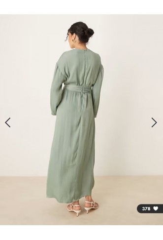 ASOS DESIGN satin long sleeved tie detail maxi dress in sage