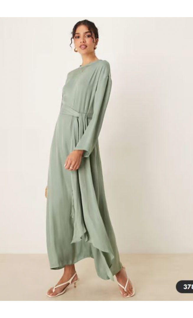ASOS DESIGN satin long sleeved tie detail maxi dress in sage