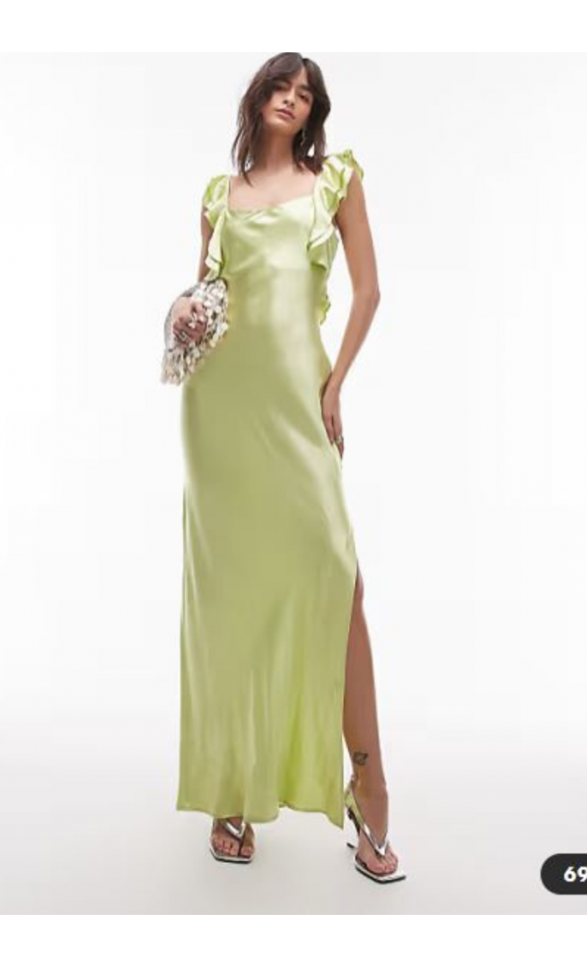 Topshop ruffle shoulder satin slip dress in deep lime