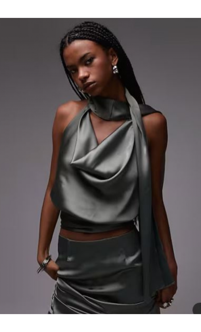ASOS DESIGN satin drape scarf top in khaki co ord