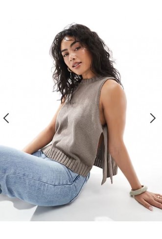 ASOS DESIGN crew neck knit tabard vest with tie sides in mocha
