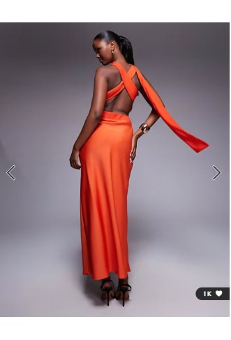 ASOS DESIGN one shoulder satin midi dress with neck tie in burnt orange