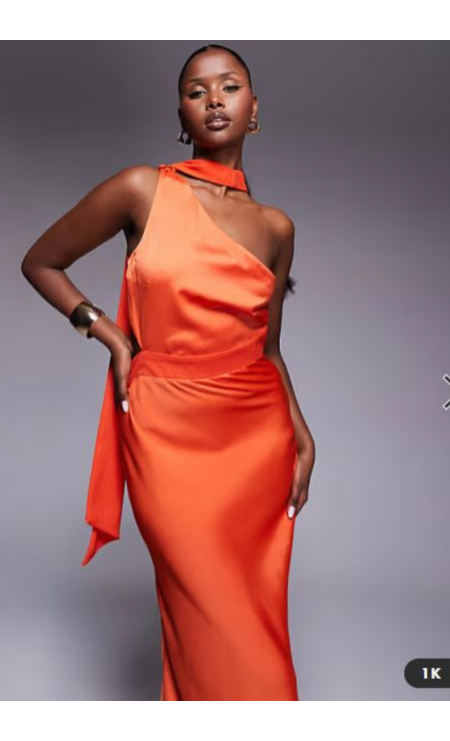 ASOS DESIGN one shoulder satin midi dress with neck tie in burnt orange