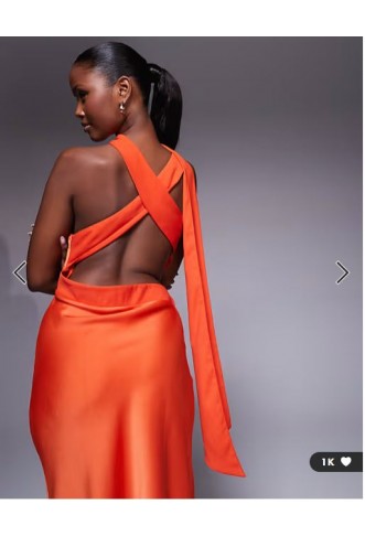 ASOS DESIGN one shoulder satin midi dress with neck tie in burnt orange
