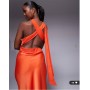 ASOS DESIGN one shoulder satin midi dress with neck tie in burnt orange