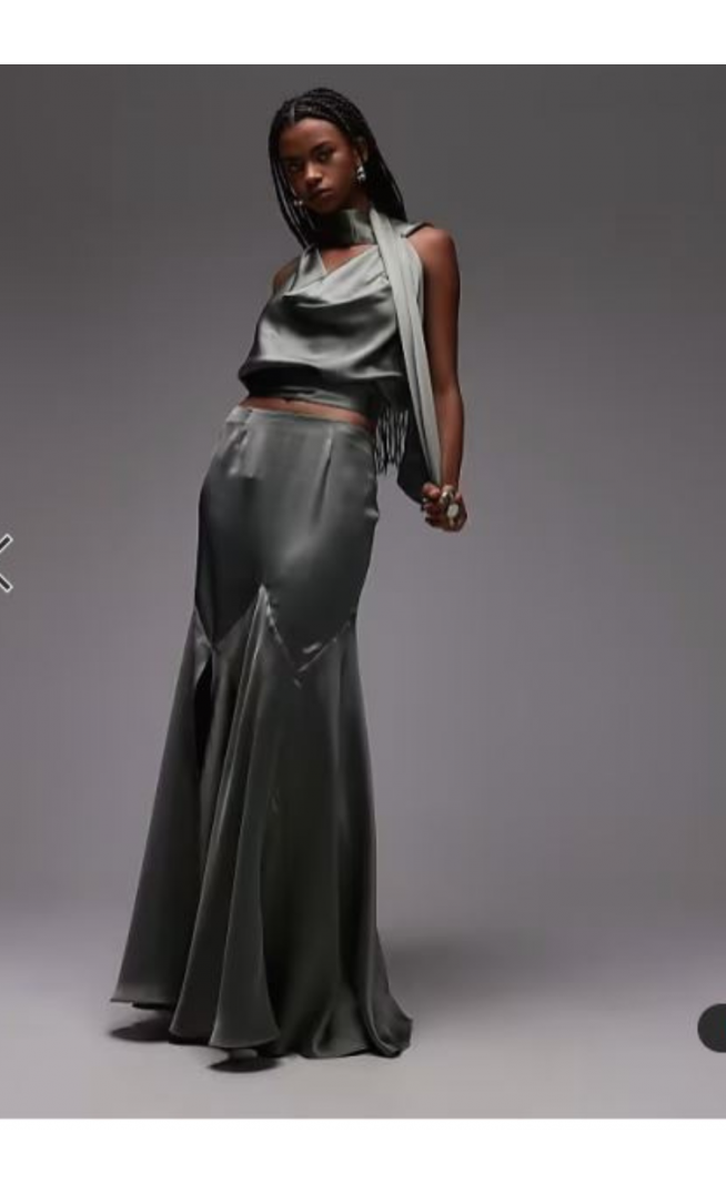ASOS DESIGN satin panel bias maxi skirt in khaki