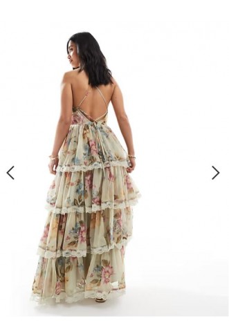 Miss Selfridge Petite race day chiffon tiered maxi dress in green floral print