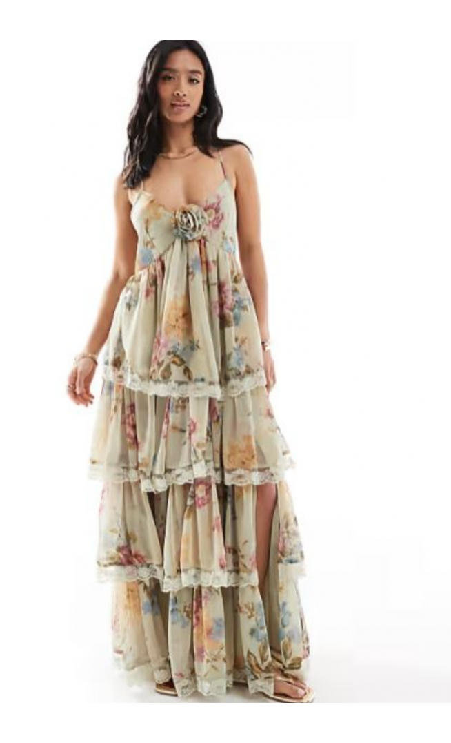 Miss Selfridge Petite race day chiffon tiered maxi dress in green floral print