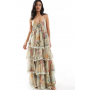 Miss Selfridge Petite race day chiffon tiered maxi dress in green floral print