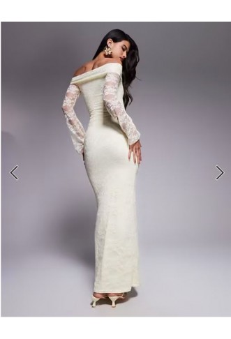 Kaiia exclusive double layered slinky lace bardot flare sleeve tie waist drape detail maxi dress in lemon