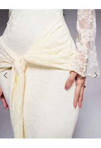 Kaiia exclusive double layered slinky lace bardot flare sleeve tie waist drape detail maxi dress in lemon