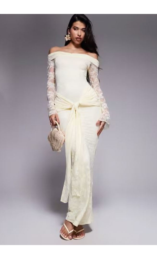 Kaiia exclusive double layered slinky lace bardot flare sleeve tie waist drape detail maxi dress in lemon