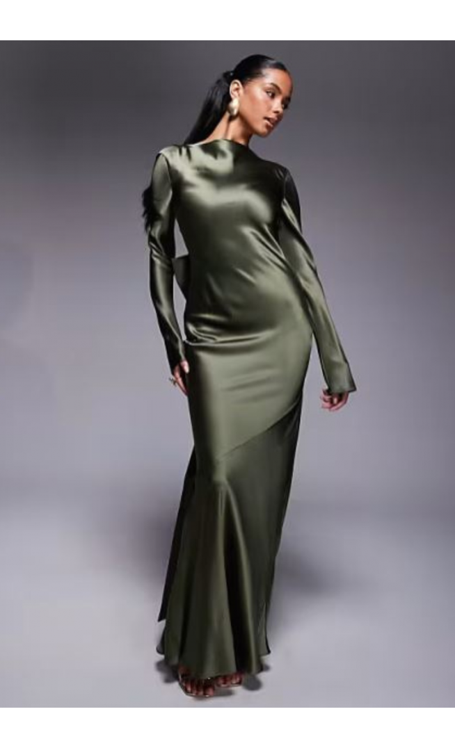 Daska satin maxi dress with exaggerated bow back in khaki