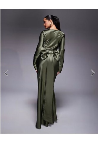 Daska satin maxi dress with exaggerated bow back in khaki