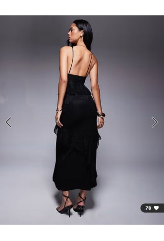 ASOS DESIGN lace plunge ruffle maxi dress in black