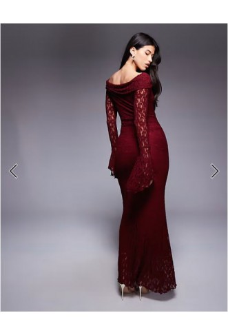 ASOS DESIGN textured lace bardot maxi dress in dark cherry