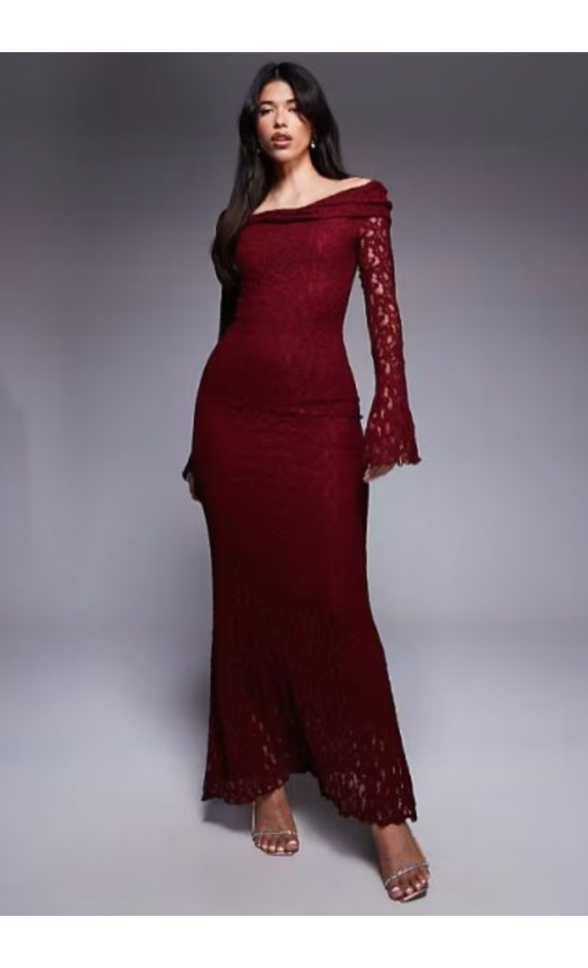 ASOS DESIGN textured lace bardot maxi dress in dark cherry