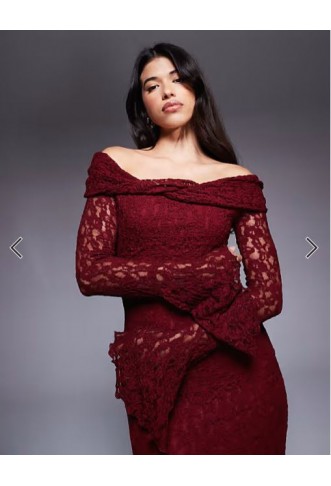 ASOS DESIGN textured lace bardot maxi dress in dark cherry
