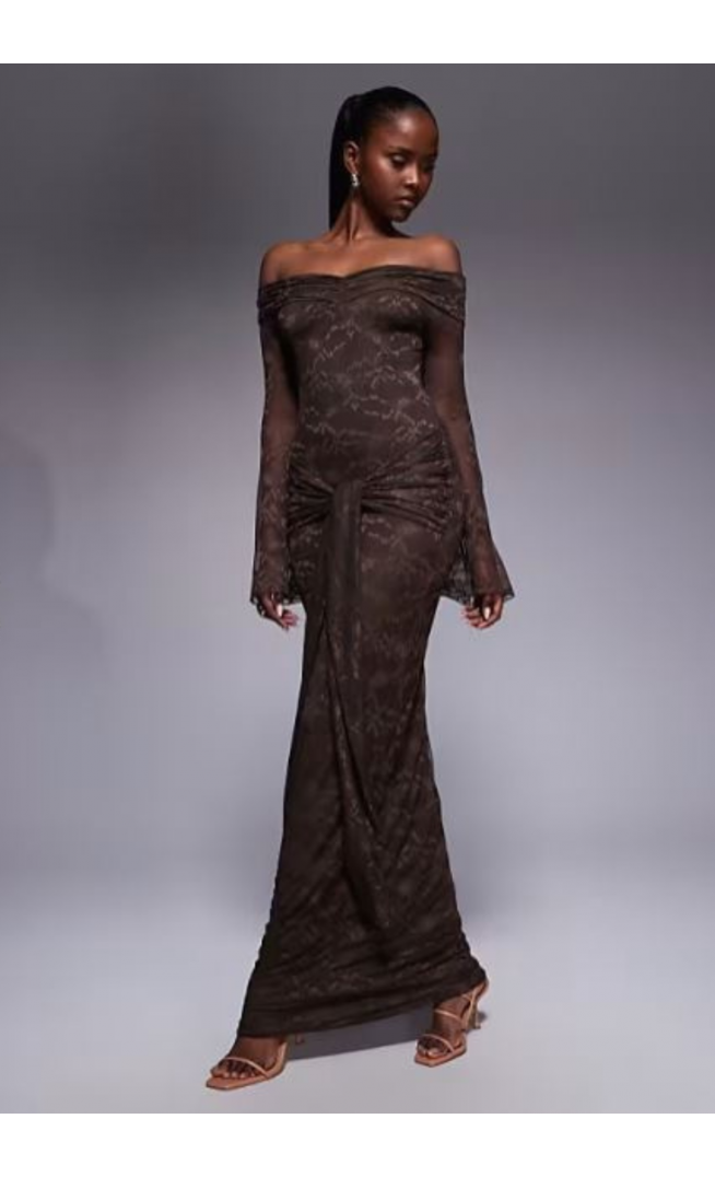 Kaiia exclusive double layered slinky lace bardot flare sleeve tie waist drape detail maxi dress in chocolate
