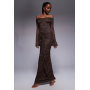 Kaiia exclusive double layered slinky lace bardot flare sleeve tie waist drape detail maxi dress in chocolate
