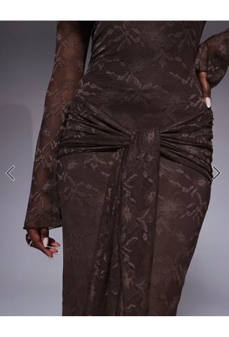 Kaiia exclusive double layered slinky lace bardot flare sleeve tie waist drape detail maxi dress in chocolate