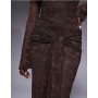 Kaiia exclusive double layered slinky lace bardot flare sleeve tie waist drape detail maxi dress in chocolate