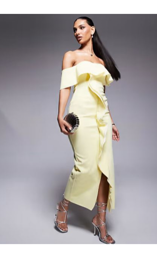 ASOS DESIGN bandeau with frill details midi dress in yellow in scuba-style fabric