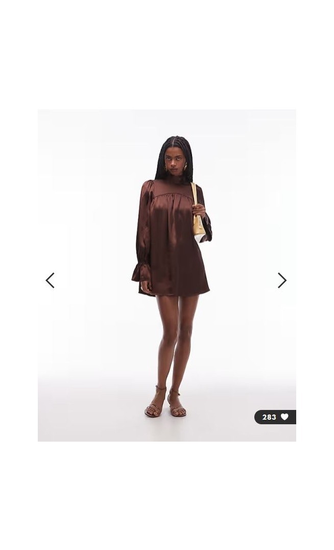 ASOS DESIGN satin high neck blouson sleeve mini dress in chocolate