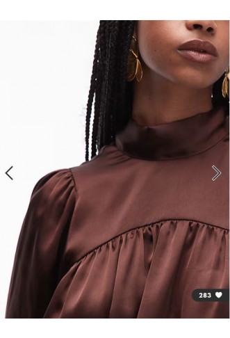 ASOS DESIGN satin high neck blouson sleeve mini dress in chocolate