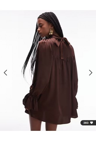 ASOS DESIGN satin high neck blouson sleeve mini dress in chocolate