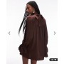 ASOS DESIGN satin high neck blouson sleeve mini dress in chocolate
