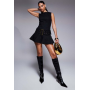 Women's Black Structured Sleeveless Lace Up Back Belted Flippy Hem Mini Dress