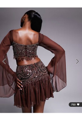 ASOS DESIGN fluted sleeve mini dress with placement embellishment in chocolate